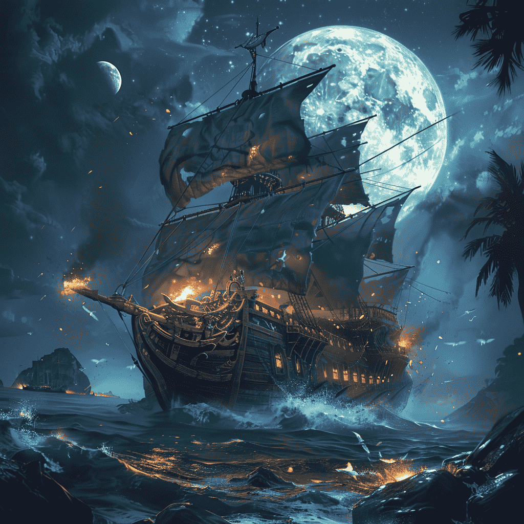 Piraten boot bij volle maan
