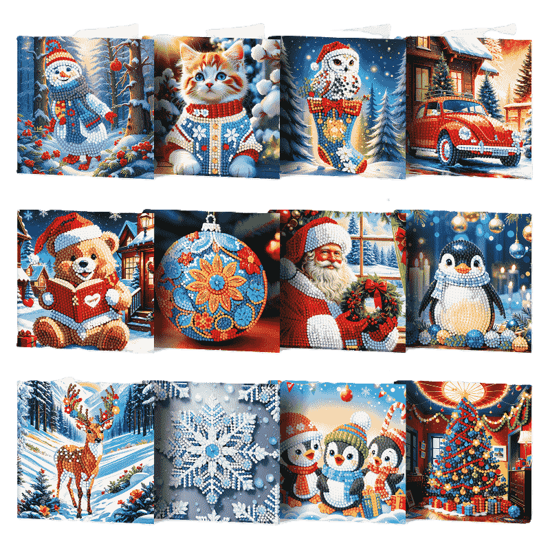 12 Kerstkaarten - Kerstman & Diertjes set