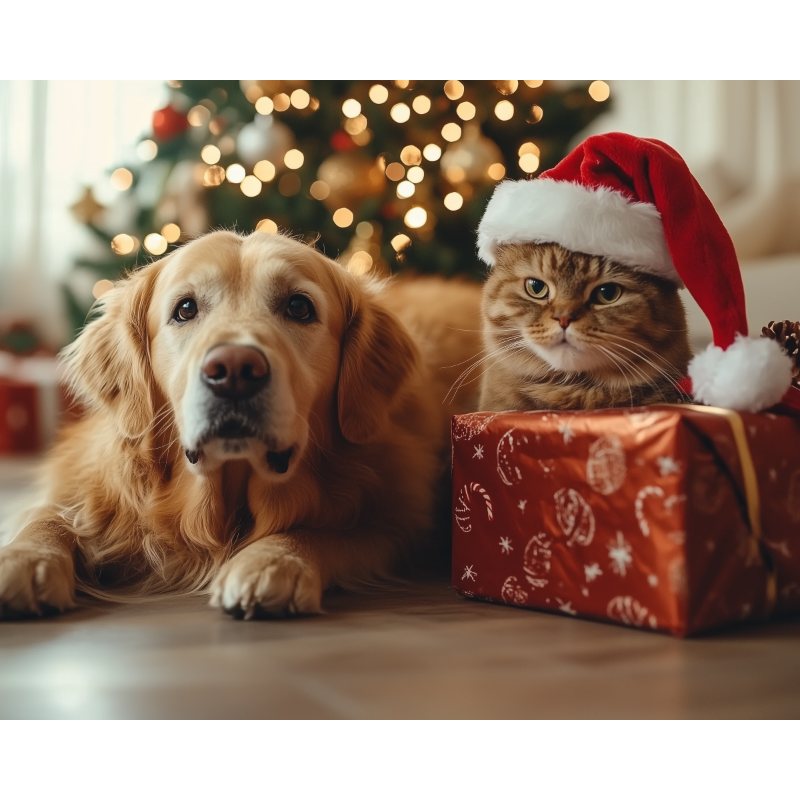 Kat en hond tijdens kerstmis