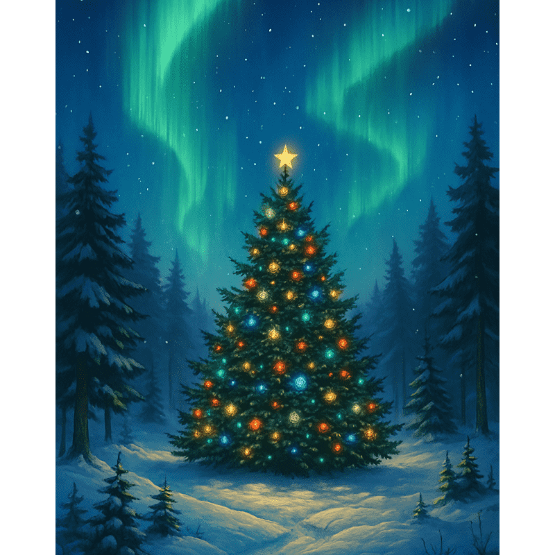 Kerstboom en noorderlicht-Diamond Painting