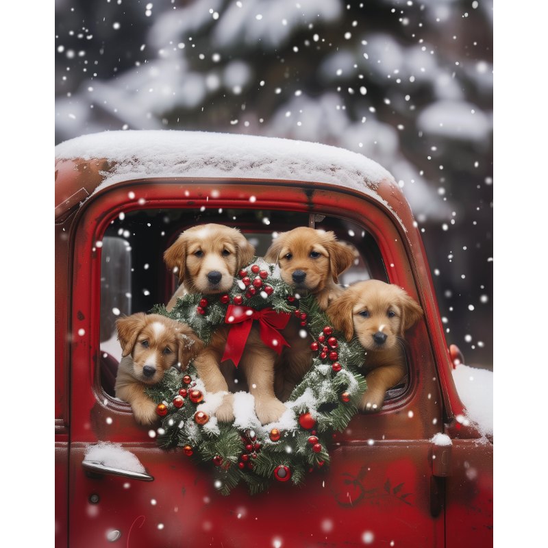 Diamond Painting - Puppy’s in de rode auto