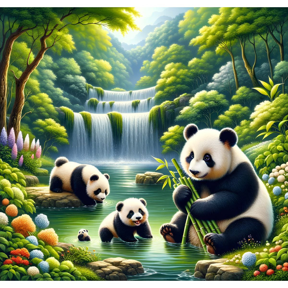 Panda's bij waterval | 40x50cm