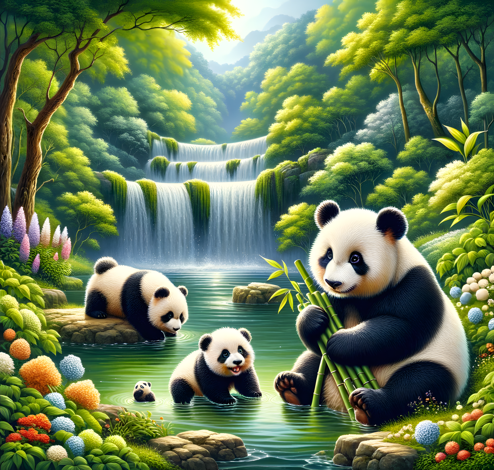 Panda's Bij Waterval