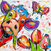 Vrolijk Schilderij - Koe met Bloemen en Vlinder