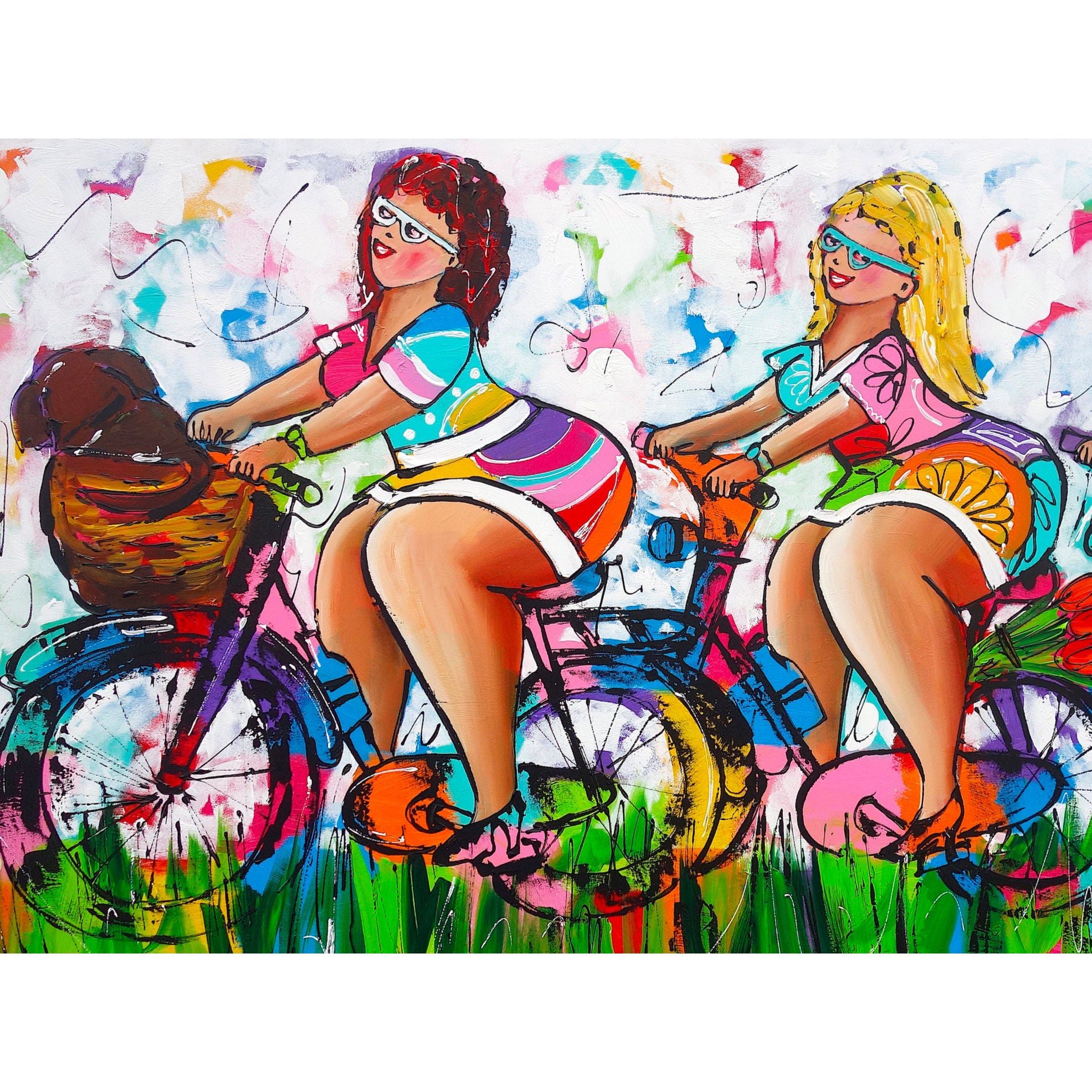 Vrolijk Schilderij - Dikke Dames Fietsen