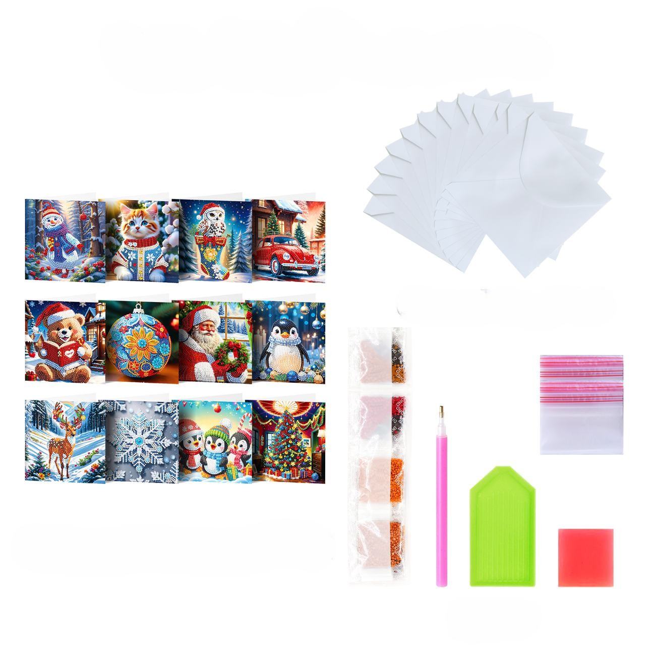 12 Kerstkaarten - Kerstman & Diertjes set